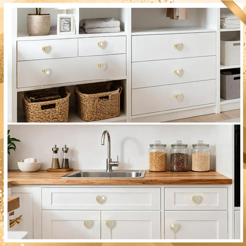 Next Level Gold Heart Drawer Knobs With Matching Screws Premium Zinc Alloy Cabinet And Dresser Handles For Bedroom Decor easy to install on white cabinets.