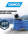 Heated Water Hose For RV Beefed Up 50 Feet Freeze Protection To Minus Twenty Degrees Drinking Water Safe And Lead Free Five Eighth Inch ID NSF Certified Ideal For Campers Livestock Farms Kennels coiled on snowy background