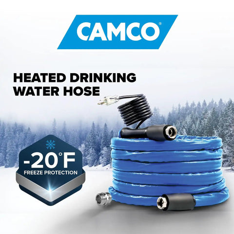 Heated Water Hose For RV Beefed Up 50 Feet Freeze Protection To Minus Twenty Degrees Drinking Water Safe And Lead Free Five Eighth Inch ID NSF Certified Ideal For Campers Livestock Farms Kennels coiled on snowy background
