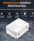 IP67 Waterproof Outdoor Electrical Junction Box With Mounting Plate Wall Brackets And Hinged Grey Cover Built Tough For All Weather Use 16.1 By 12.2 By 7.1 Inches displayed against a rainy backdrop emphasizing weatherproof features