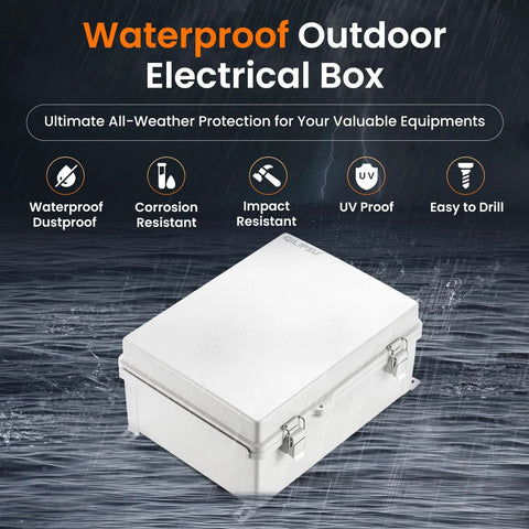 IP67 Waterproof Outdoor Electrical Junction Box With Mounting Plate Wall Brackets And Hinged Grey Cover Built Tough For All Weather Use 16.1 By 12.2 By 7.1 Inches displayed against a rainy backdrop emphasizing weatherproof features