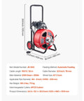 Wheeled Electric Sewer Snake Auger With 100 Feet Cable And Three Quarter Inch Width Auto Feed Drain Cleaner shown with dimensions and specs.