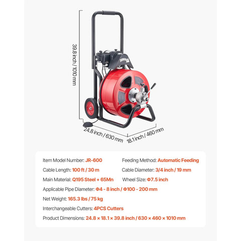 Wheeled Electric Sewer Snake Auger With 100 Feet Cable And Three Quarter Inch Width Auto Feed Drain Cleaner shown with dimensions and specs.