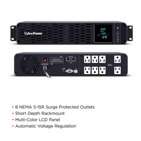 Plug And Play 1500VA 1000W PFC Sine Wave UPS Battery Backup And Surge Protector With Eight Outlets AVR Short Depth 2U Rackmount UL Certified For Home Office Setup Networking Gear And Security Systems front and back view