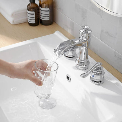 8 Inch Widespread Bathroom Faucet With 3 Hole Mount Two Handle Brass Waterfall Sink Faucet Polished Chrome pouring water into glass