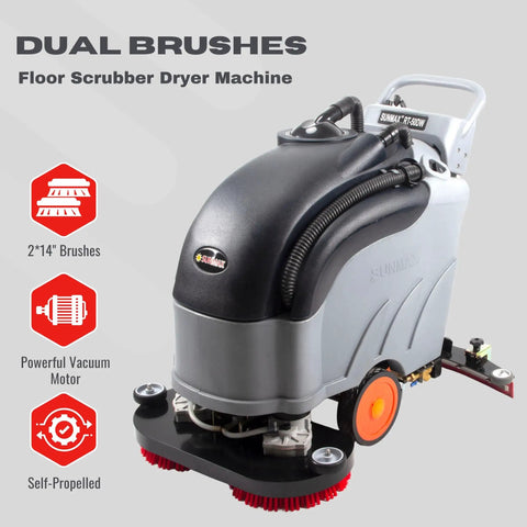 28-Inch Commercial Floor Scrubber With Dual Brushes And Pad System, 14.5-Gallon Tank, Self-Propelled Traction Drive, front view