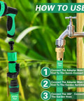 Instructional graphic showing how to use the Garden Hose Quick Connect Kit With Three Quarter Inch GHT Female Connectors And Valve Quick Release