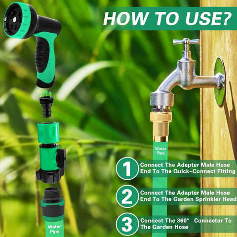 Instructional graphic showing how to use the Garden Hose Quick Connect Kit With Three Quarter Inch GHT Female Connectors And Valve Quick Release