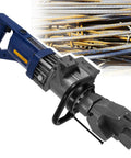 VgtHK Electric Hydraulic Rebar Bender 900W handheld tool next to steel rods, designed for efficient bending up to 16mm.