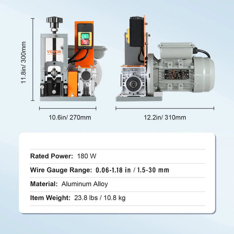 Heavy Duty Electric Wire Stripper Machine Automatic Cable Prep Tool With 180W Motor For Fast And Clean Stripping Of 0.06 To 1.18 Inch Wires side view with motor and controls.