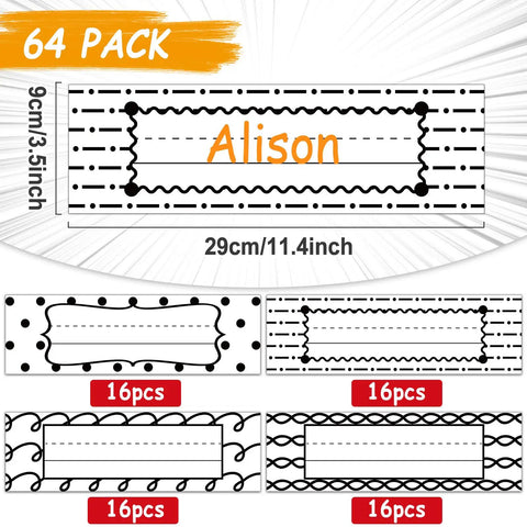 64 Piece Black And White Scribble Classroom Name Plates Set With Self Adhesive Desk Labels 4 Styles 16 Per Style 29 Cm By 9 Cm