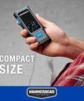 Snappy Precision Digital Laser Tape Measure 130Ft Range Rechargeable Pocket Rocket held in hand, displaying compact size.