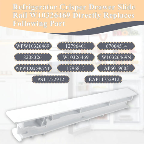 Heavy Duty Center Drawer Slide Rail For Refrigerator Crisper Bin, 14.3 inch white plastic runner with replacement part numbers.