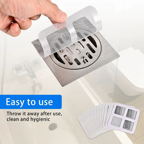 Installing Fifty Pack Disposable Drain Sticker Hair Catcher That Hits Different With Heavy Duty Mesh over a sink drain.