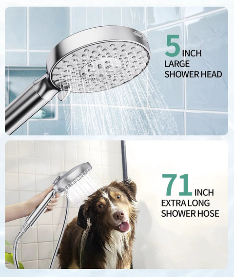 SR SUN RISE chrome filtered handheld shower head with 5-inch large head.
Chrome handheld shower head with flexible hose, side view.
Close-up of chrome shower head face showing spray nozzles.
71-inch extra-long hose in installed setup with handheld shower head.
