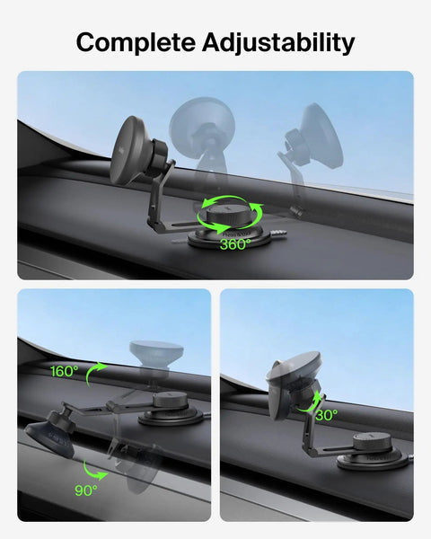 Qi2 15W Magnetic Wireless Car Charger For Tesla Dash Mount with adjustable 360-degree mount and flexible angles for secure fit.