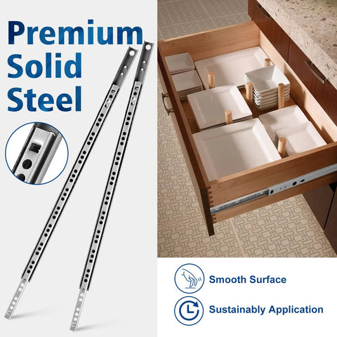 Heavy Duty Ball Bearing Drawer Slides 16 Inch Four Pack Two Way Metal Drawer Tracks with Mounting Screws 0.67 Inch Wide Rails Rust Resistant Cold Rolled Steel Smooth Quiet Glide shown installed in wooden drawer
