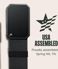 Patriotic Flag Belt With Magnetic Buckle Black On Black Stretch Nylon Tactical Belt For Men USA assembled close-up.