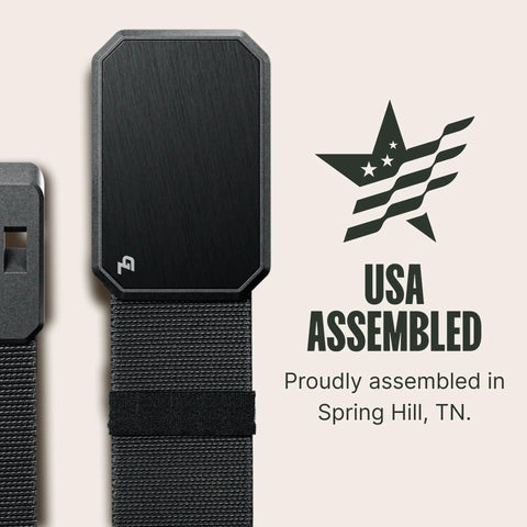 Patriotic Flag Belt With Magnetic Buckle Black On Black Stretch Nylon Tactical Belt For Men USA assembled close-up.