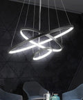 Three-Ring Black LED Chandelier For High Ceilings, 79 Inch Adjustable Hanging Light For Living Room, Foyer And Dining Room
