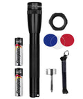 Ultra Compact LED 2 Cell AA Pro Flashlight with Twist Focus Beam, Anti Roll Lens, colored lenses, replacement lens, and wrist lanyard
