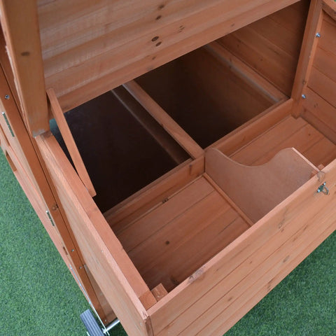Open nesting box of 96.5-Inch Wooden Chicken Coop With Portable Wheels, Hen House And Nesting Box, Outdoor Backyard Poultry Cage Pen