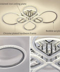 Close-up of Six Ring LED Ceiling Light Fixture With Remote Control, Dimmable 3000K-6500K, Polished Chrome Finish, Acrylic Ring Lamp