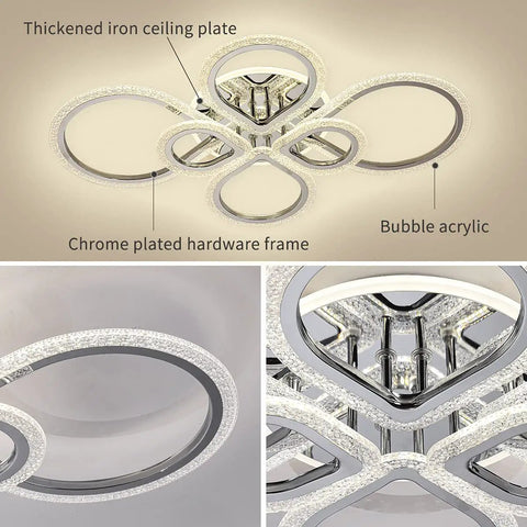 Close-up of Six Ring LED Ceiling Light Fixture With Remote Control, Dimmable 3000K-6500K, Polished Chrome Finish, Acrylic Ring Lamp