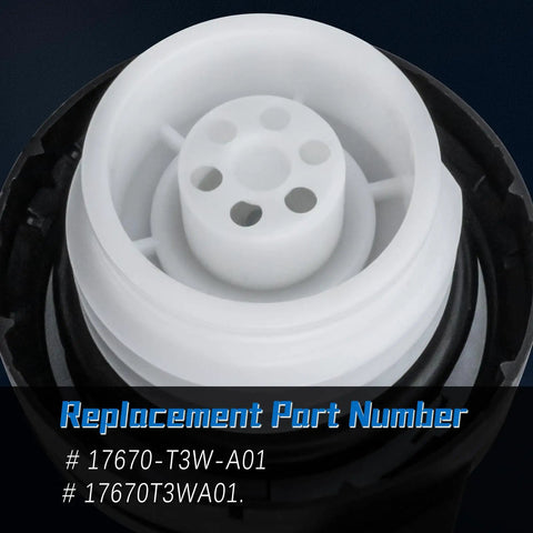 Close-up view of a gas cap replacement for Honda Accord and Acura models, showing part number 17670-T3W-A01 and 17670T3WA01.