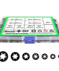 All In One Internal Tooth Star Lock Washers Kit With 360 Pieces In 9 Sizes M2 To M12 Push Nuts And Speed Clips Retaining Fasteners Assortment Kit For Quick No Fuss Projects shown in organized box with visible washers