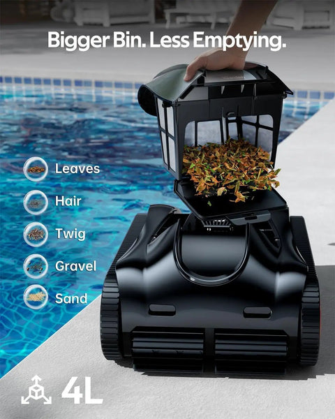 4H Cordless Robotic Pool Vacuum For Inground And Above Ground Pools With Smart Navigation AI Timer App Control Auto Parking And Floor Wall Waterline Cleaning In Black with bin open showing leaves near a pool