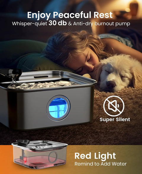 Large Dog Water Fountain 10L Stainless Steel Automatic Water Dispenser With Deeper And Wider Drinking Area, clear water window