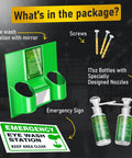 Two Pack Portable Eye Wash Station 17 Ounce Each Wall Mount First Aid Eyewash Kit OSHA Approved BPA Free Includes Empty Bottles and Mirror Emergency Eyewash Not Included Cup Mouth Deflector for Mess Free Use with green wall mount, nozzles, and emergency sign.