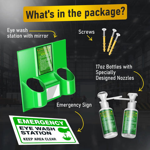 Two Pack Portable Eye Wash Station 17 Ounce Each Wall Mount First Aid Eyewash Kit OSHA Approved BPA Free Includes Empty Bottles and Mirror Emergency Eyewash Not Included Cup Mouth Deflector for Mess Free Use with green wall mount, nozzles, and emergency sign.