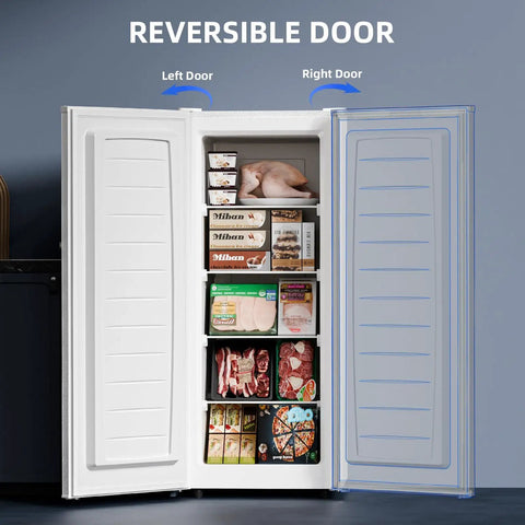 Inside view of No Fuss Compact Upright Freezer With Six Cubic Feet Capacity, Seven Level Temperature Control, Removable Glass Shelves.