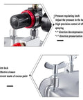 Heavy Duty Extension Pole Spray Gun With Pressure Feed Paint Sprayer And Adjustable Nozzle For Sick Smooth Finish and Knockout Coverage on Homes and Car Panels Includes 10 Liter Tank and Precision Gauge, pressure regulating knob detail.