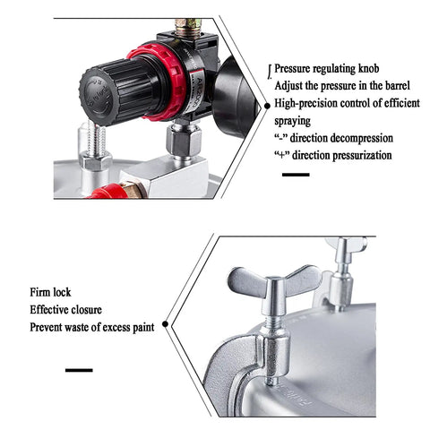 Heavy Duty Extension Pole Spray Gun With Pressure Feed Paint Sprayer And Adjustable Nozzle For Sick Smooth Finish and Knockout Coverage on Homes and Car Panels Includes 10 Liter Tank and Precision Gauge, pressure regulating knob detail.