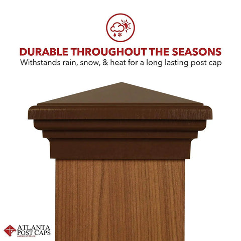 Brown 4x4 Pyramid Post Cap for outdoor fences and decks, fits 3.5x3.5 to 3.75x3.75 posts, UV stabilized polymer, weatherproof.