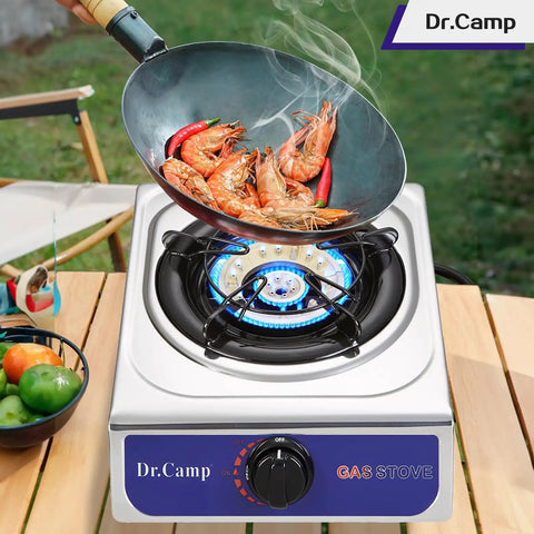 12000 BTU Propane Camping Stove with Auto Ignition cooking prawns outdoors on griddle cooker