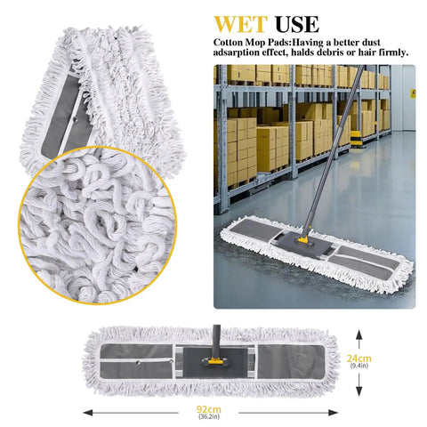 Heavy Duty 36 Inch Commercial Mop Kit with cotton pad in warehouse setting, showing mop cleaning floor.