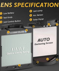 Auto Darkening Welding Helmet lens details showing optical clarity, solar panel, LED control and arc sensor, shade range 5-9/9-13.