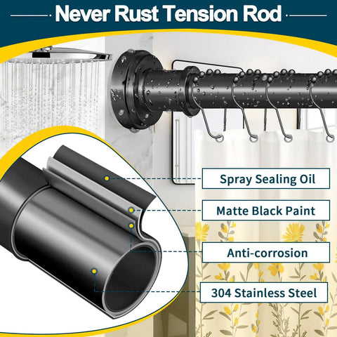 Adjustable Spring Tension Shower Curtain Rod 36 To 84 Inches No Drilling Rustproof With Non Slip Ends in matte black finish.