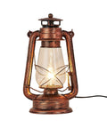 Industrial Rustic Lantern Table Lamp With Old Fashioned Oil Lamp Vibe For Farmhouse Bedroom Nightstand Hallway Study Room Vintage Night Light With Warm Glow And Cozy Desk Accent made of iron and glass, seen front view.