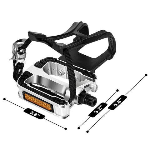 Heavy Duty Bike Pedals With Toe Cages And Straps Nine Sixteenth Inch Spindle For Outdoor Cycling And Indoor Spin Bikes Aluminum Alloy Replacement Pedals For Multi Purpose Use showing dimensions