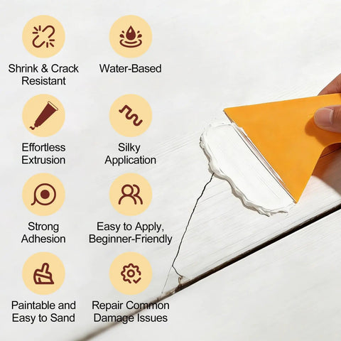Close-up of application process using a scraper on white wood with features of the White Wood Putty Kit visible.