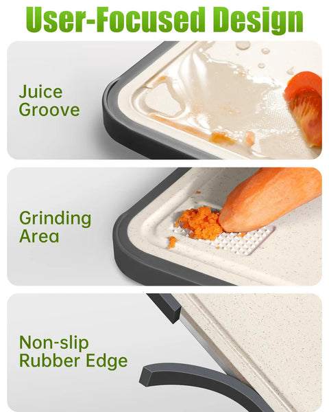 Close-up of Two In One Titanium Cutting Board For Kitchen With Double Sides showing juice groove, grinding area, and non-slip edge.