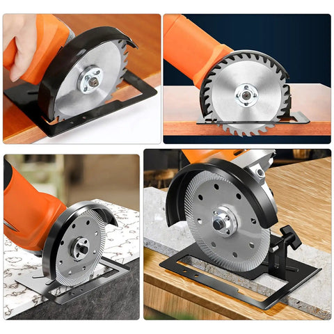 Adjustable Heavy Duty Steel Angle Grinder Safety Guard And Balance Bracket Holder For Garage Woodworking shown in use on various surfaces.