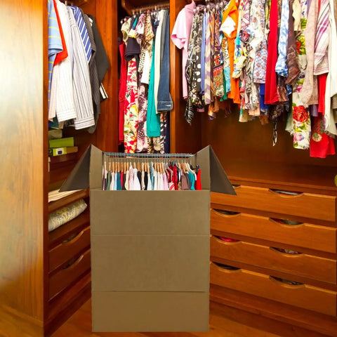 Space Saver Wardrobe Moving Boxes With Hanger Pack Of 3 Shorty Wardrobe Boxes 20x20x34 Inches in wooden closet with clothes