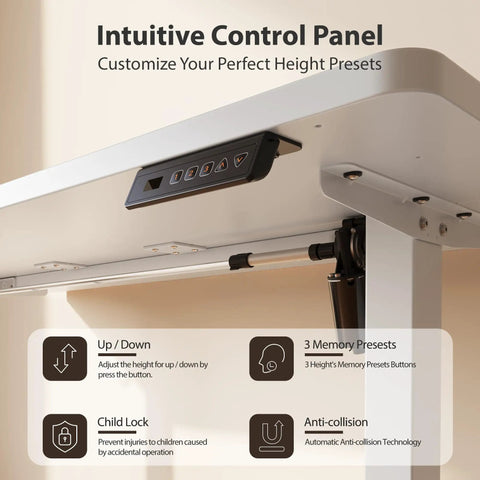 Cubiker 40X24 Electric Standing Desk Adjustable Sit Stand Home Office Table control panel with height preset buttons and child lock features.