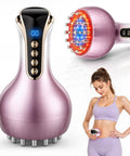 Lymphatic Drainage Massager For Body Sculpting With Microcurrent Light Heat And Vibration To Reduce Cellulite And Stretch Marks On Belly Arms And Legs Today, purple handheld device with LED and controls, woman using on abdomen.